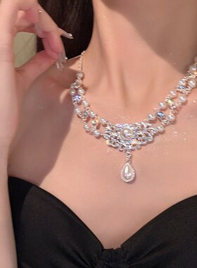 双层珍珠项链女小众设计流苏颈链高级感轻奢水钻锁骨链礼服配饰潮