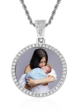 欧美项链大中小号照片记忆圆形相框奖章纯色实心吊坠嘻哈珠宝项链