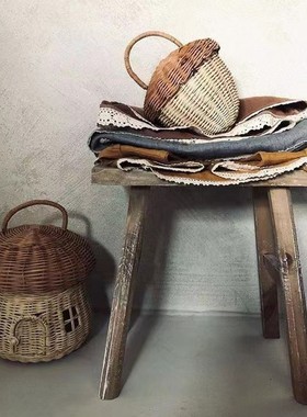 INS韩风藤编橡果手提篮子可翻B盖蘑菇篮子拍照道具儿童房装饰摆件