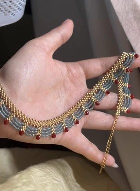 2025新款多层蕾丝红蓝撞色串珠项链女民族风复古宫廷颈链