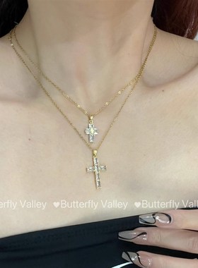 美式复古超闪方钻十字架欧美嘻哈叠带项链辣妹高级感锁骨链配饰