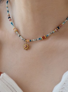 法式复古红纹石太阳吊坠天然石串珠项链气质高级感设计小众颈链女