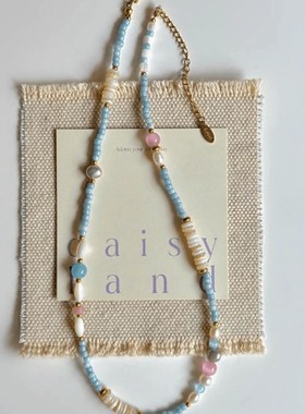 春夏清新粉蓝小众串珠项链气质百搭高级感锁骨链新款甜美颈链女生