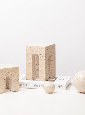 极简侘寂风黄洞石摆件餐桌烛台装饰品天然大理石花瓶花器托盘饰品