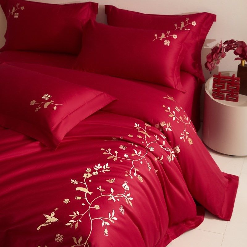 中式全棉简约结婚四o件套大红色新婚陪嫁被套婚庆床上用品婚房,淘宝优惠券,粉丝福利购,淘宝优惠卷