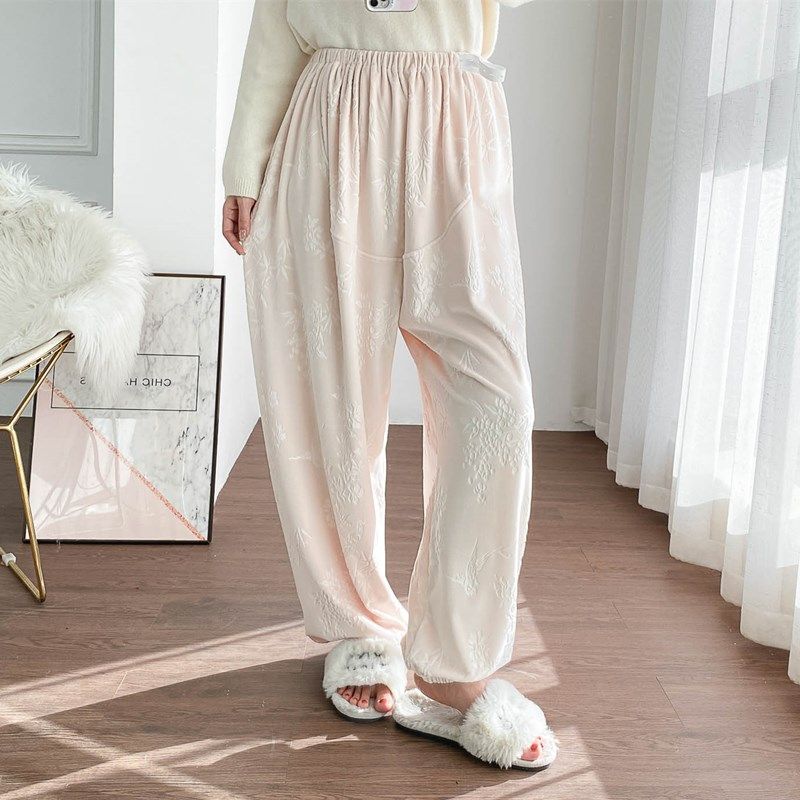 提花海岛绒高腰托腹睡裤女冬季加厚大码胖MM宽松孕妇保暖家居长裤,淘宝优惠券,粉丝福利购,淘宝优惠卷
