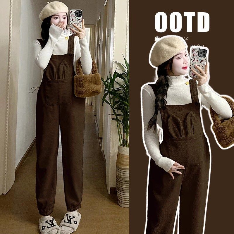 孕妇装银狐绒背带裤套装2024秋冬新款加绒加厚休闲宽松长裤两件套,淘宝优惠券,粉丝福利购,淘宝优惠卷