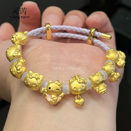 足金999 黄金kt 凯蒂猫 转运珠 手链吊坠 送礼生日 可爱 蝴蝶结 - 图2