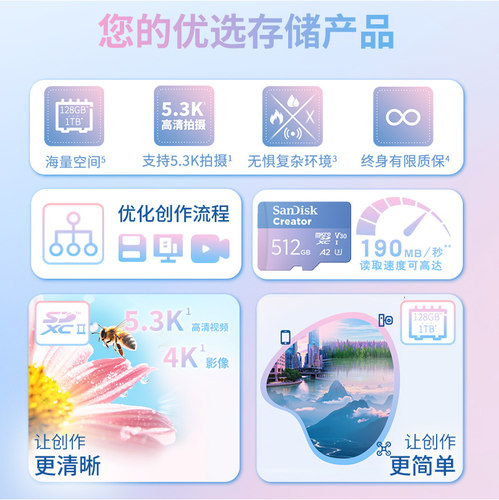 闪迪创作者闪存卡tf储存卡512g运动相机SD内存卡影石acepro2 - 图1