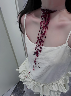 暗黑哥特酒红水晶流苏锁骨链
