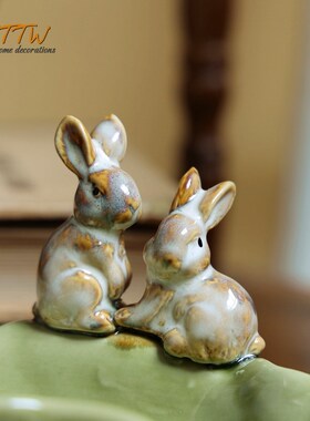 美式乡村陶瓷双兔动物绿叶盘零时碟瓜子碟客厅桌面茶座收纳小碟子