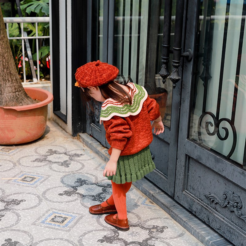 小蜜糖 2021新品女童羊毛混纱红棕色拼接绿白大领子毛衣童装外套 - 图2