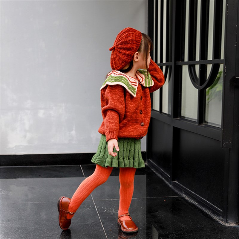 小蜜糖 2021新品女童羊毛混纱红棕色拼接绿白大领子毛衣童装外套 - 图1