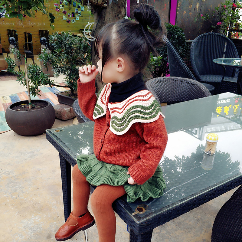 小蜜糖 2021新品女童羊毛混纱红棕色拼接绿白大领子毛衣童装外套 - 图0