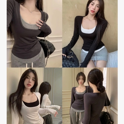 纯棉早秋女装设计感纯色打底衣新款收腰修身爆款T恤打底衫TYK