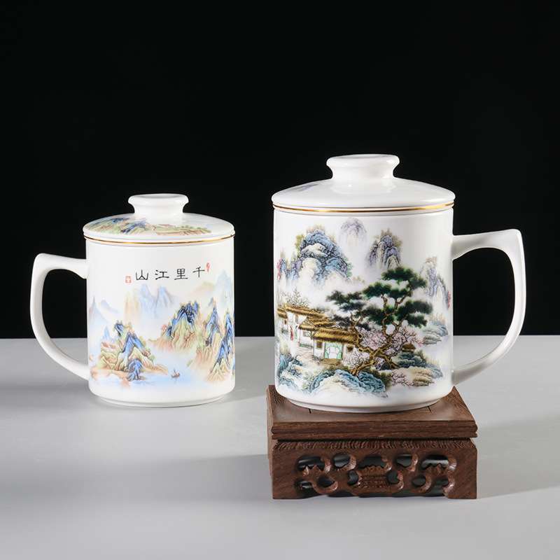 中式陶瓷茶杯带盖茶隔杯办公室会议泡茶杯带过滤网茶水分离杯 - 图0