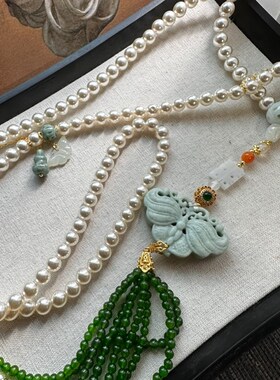 国风岫玉天然淡水珍珠贝珠长项链白色珍珠项链正圆珠光透亮表皮