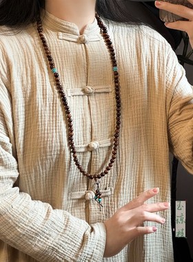 国风禅意檀木串珠绿松石项链女款复古民族风斜跨链汉服马面裙配饰