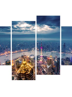 客厅现代背景墙壁画上海建筑楼梯间装饰无框画组合城市夜景装饰画