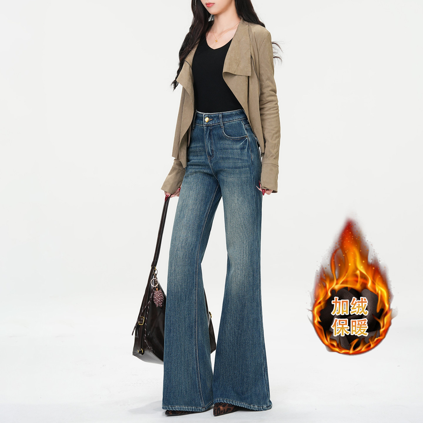 若纤 Pretty Silhouette寒江映月加绒保暖微喇牛仔裤女高腰喇叭裤