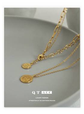 黄铜镀18K真金 网红潮流吊牌叠戴风双层链条质感项链简约叠戴颈链