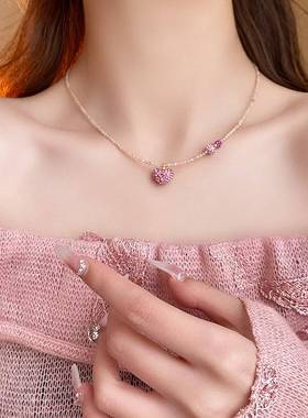 网红甜美粉色爱心水晶项链时尚少女心锁骨链轻奢百搭高级感项饰女