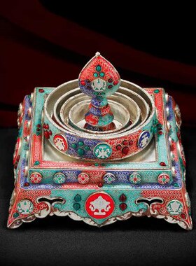 尼泊尔彩绘手工铜曼扎铜曼扎盘修盘八宝供曼茶罗内径15.5cm