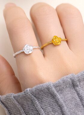 s925纯银心动玫瑰花戒指女小众简约级百搭可调节指环小红书同款