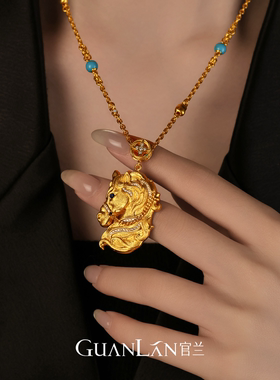 官兰项链足金绳链款錾刻镶钻吊坠