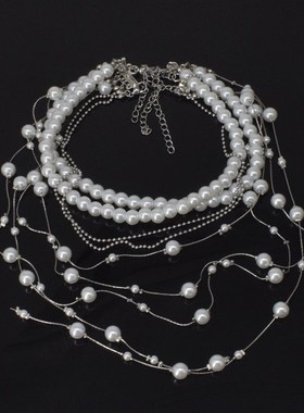 秋冬多层珍珠叠戴项链流苏满天星长款串珠锁骨毛衣链小众颈链配饰