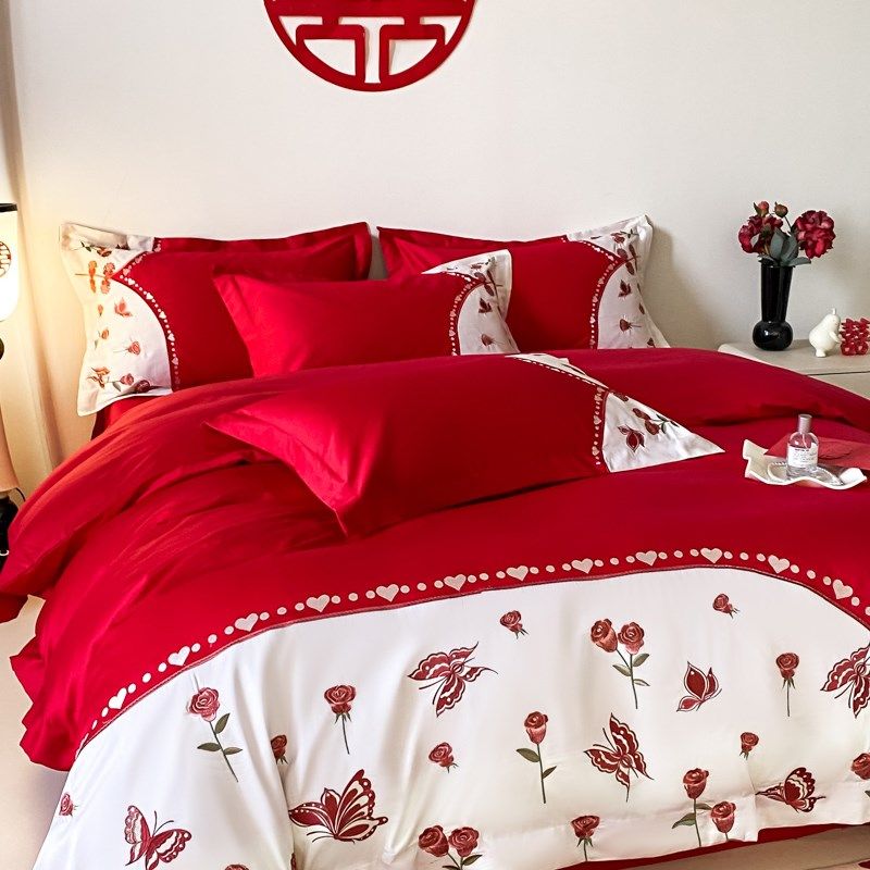 简约刺绣结婚四件套大红色全棉婚庆陪嫁婚房Q被套床单床上用品,淘宝优惠券,粉丝福利购,淘宝优惠卷