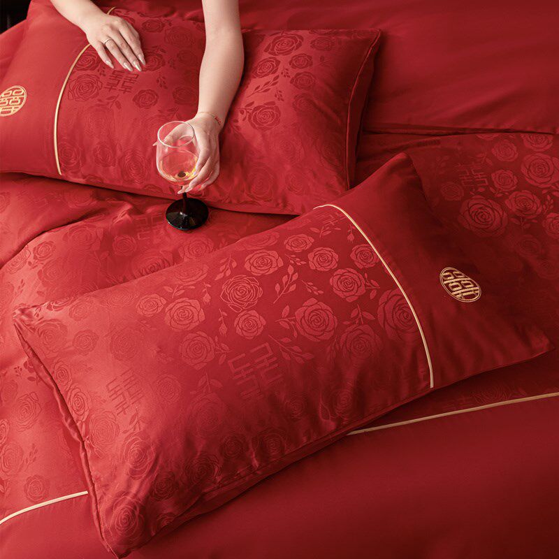 提花结婚床上四件套婚庆大红A色被套床单新婚陪嫁喜被用品,淘宝优惠券,粉丝福利购,淘宝优惠卷