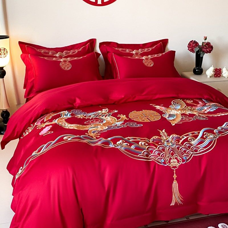简约刺绣结婚四件套大红色全棉婚庆陪嫁婚房Q被套床单床上用品,淘宝优惠券,粉丝福利购,淘宝优惠卷