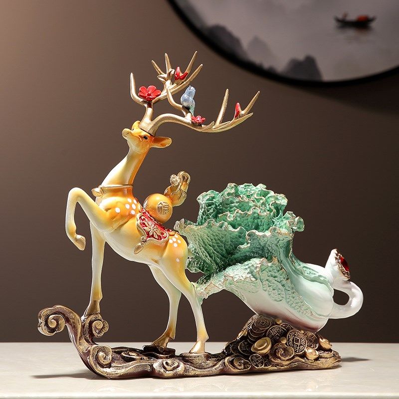 新中式招财鹿摆件白菜装饰品客厅办公室玄关乔迁新居开业创意礼品,淘宝优惠券,粉丝福利购,淘宝优惠卷