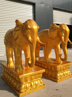 定制玻璃纤维彩绘金色大象雕塑门口定做迎宾金象石膏雕像订铸铜摆