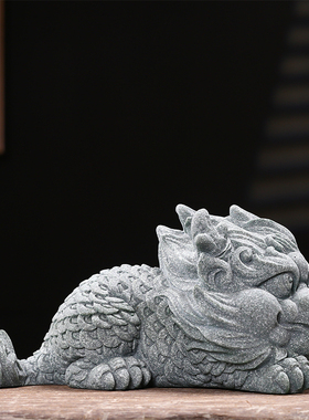 国潮风瑞兽麒麟青砂石动物摆件创意客厅茶室桌面鱼缸造景装饰品