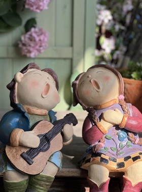 美式乡村人物摆件创意庭院装饰布置可爱娃娃雕塑户外阳台花园造景