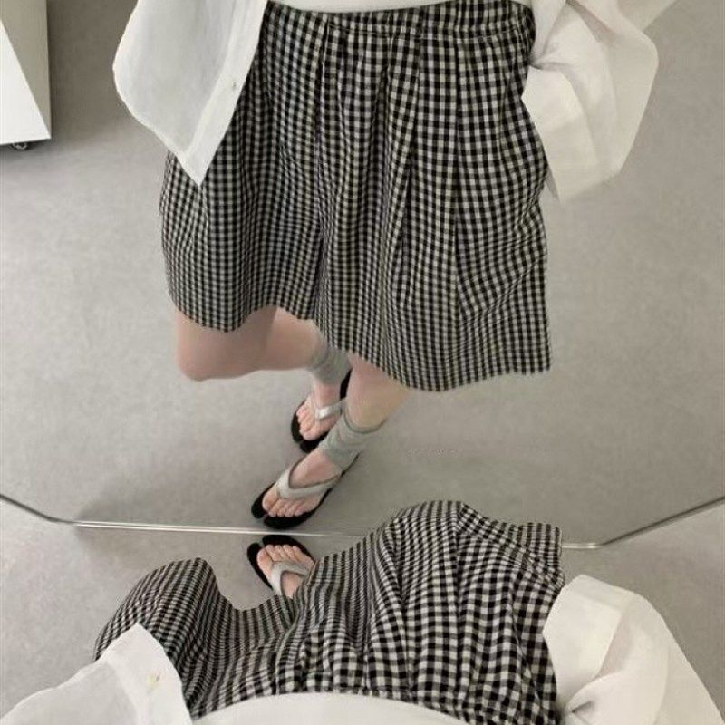 格子控B入!超好穿 松紧腰轻薄透气阔腿休闲棉麻日系格子短裤女夏,淘宝优惠券,粉丝福利购,淘宝优惠卷