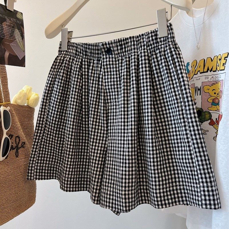 格子控B入!超好穿 松紧腰轻薄透气阔腿休闲棉麻日系格子短裤女夏,淘宝优惠券,粉丝福利购,淘宝优惠卷