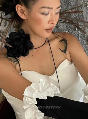2023新款新娘结婚婚纱礼服手套长款黑色褶皱边摄影拍照道具样片