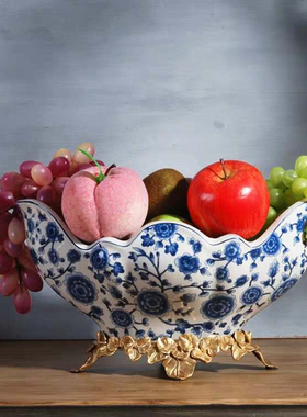 青花瓷软装饰品摆件欧式美式古典客厅茶几三件套陶瓷配铜家居摆设