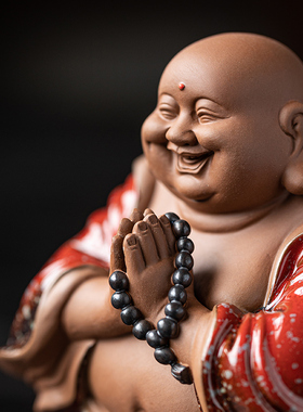 中式禅意紫砂弥勒佛陶瓷摆件家居客厅茶室博古架大肚笑佛装饰佛像