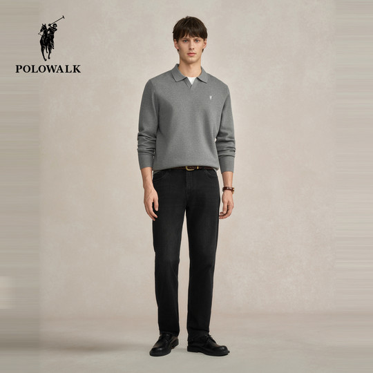 POLOWALK男式针织衫2025秋冬新品简约面丝绒假两件翻领内搭上衣