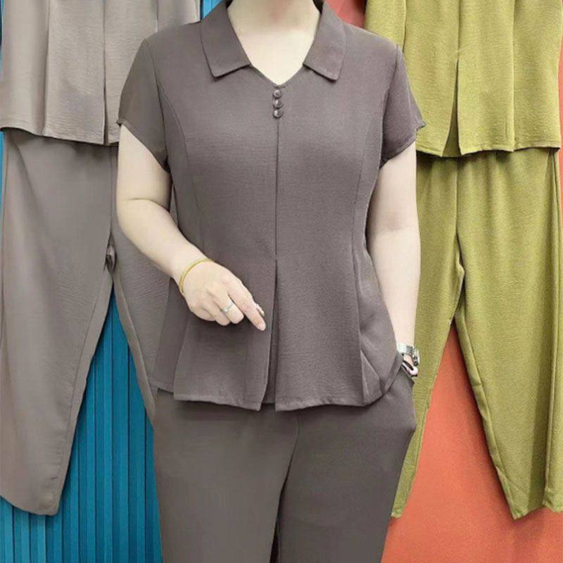 时尚洋气妈妈套装2023夏季新款宽松显瘦减龄短袖上衣裤子两件套女,淘宝优惠券,粉丝福利购,淘宝优惠卷