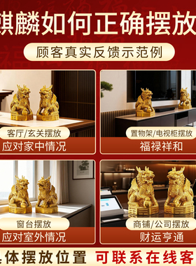 铜麒麟摆件一对纯铜家用装饰