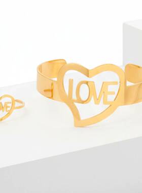不锈钢LOVE心形开口戒指手镯套装时尚个性气质轻奢高级感饰品