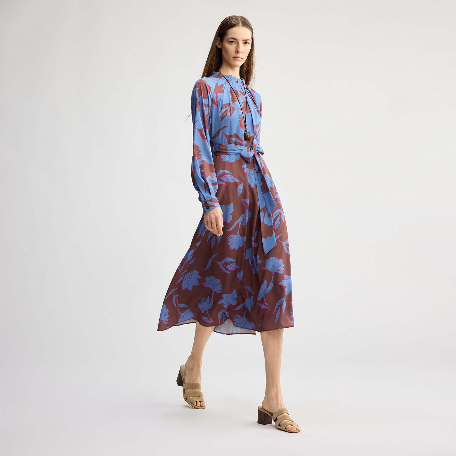 BCBG autumn women's fashionable temperament floral print lace pleated lace mid-length dress long skirt