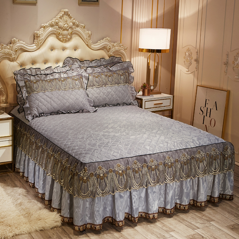 冬季加厚床罩三件套夹棉床裙欧式大红色床单加棉床套1.8保护罩2.0 - 图1