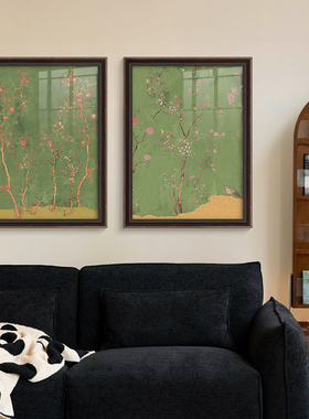 《绿枝繁花》法式复古花卉餐厅装饰画绿色花鸟客厅挂画卧室壁画