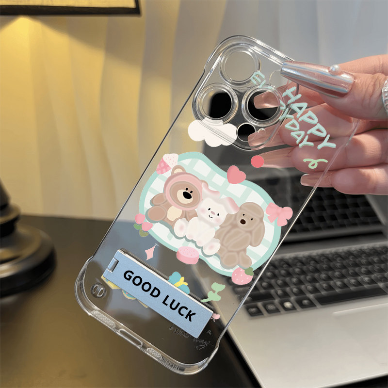 苹果15插画小熊小兔手腕K12S透明超薄14plus无边框iPhone13适用硬16e手机壳带支架12ProMax高级感红米k80可爱 - 图2
